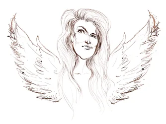 Angela Carter, English novelist and journalist; caricatured with wings in reference to her novel Nights at the Circus